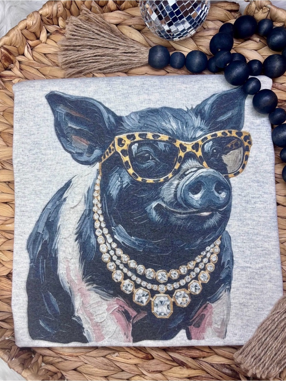Glitz glam boujee pig western farm rhinestone necklace graphic tunic top tee top